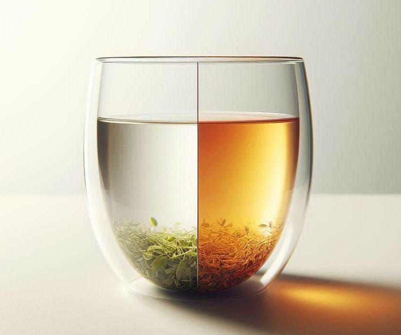 tazza divisa a metà per mostrare la differenza fra tè e tisana