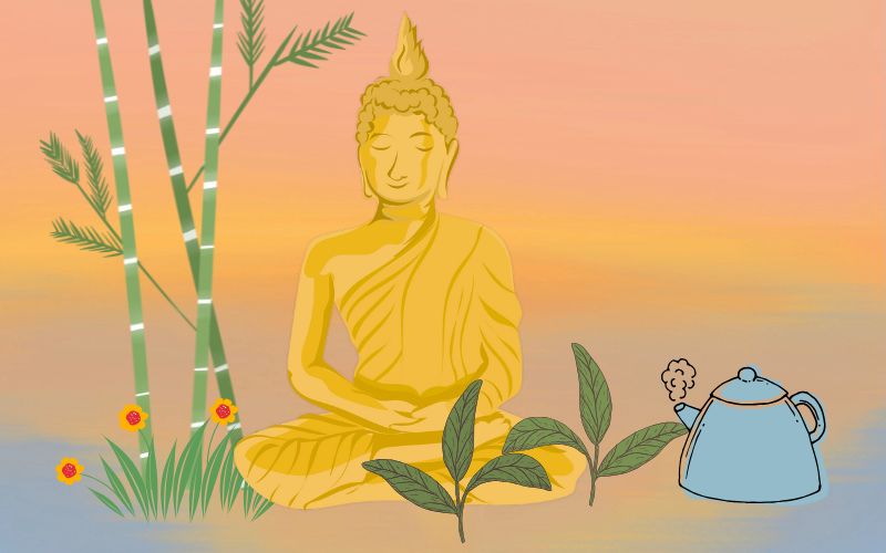 Immagine su la leggenda di Bodhidharma, con Bodhidharma seduto in meditazione e due piantine di tè che sono cresciute davanti a lui