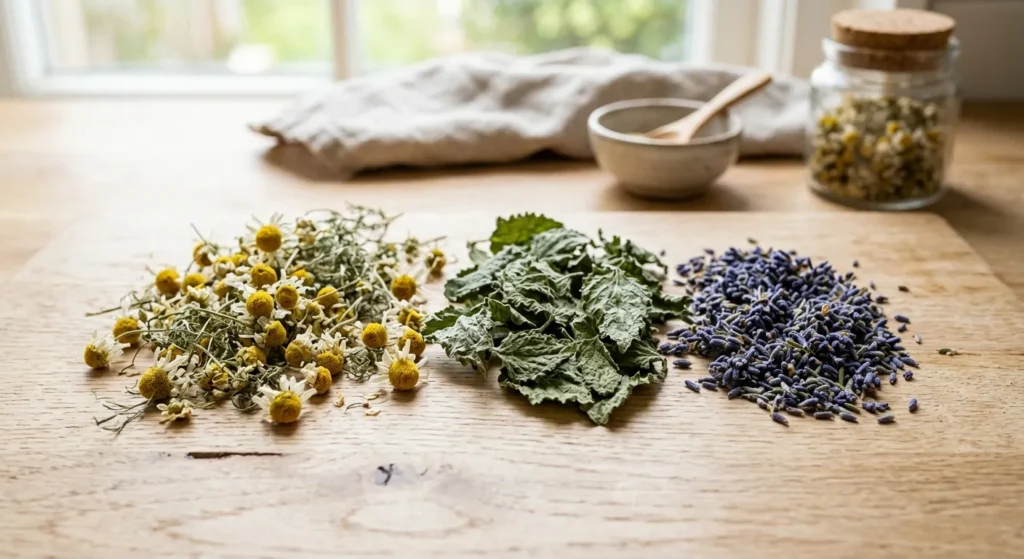 Camomilla, melissa e lavanda essiccate per preparare una tisana rilassante naturale