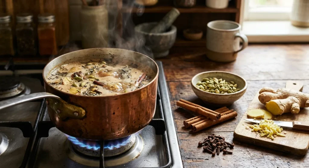 Masala chai ricetta: preparazione in pentolino con tè nero, spezie e latte caldo