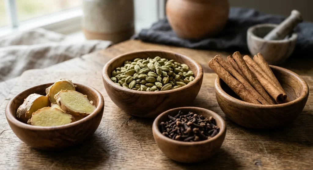 Spezie per la ricetta del masala chai: bacche di cardamomo, stecche di cannella, chiodi di garofano e zenzero fresco