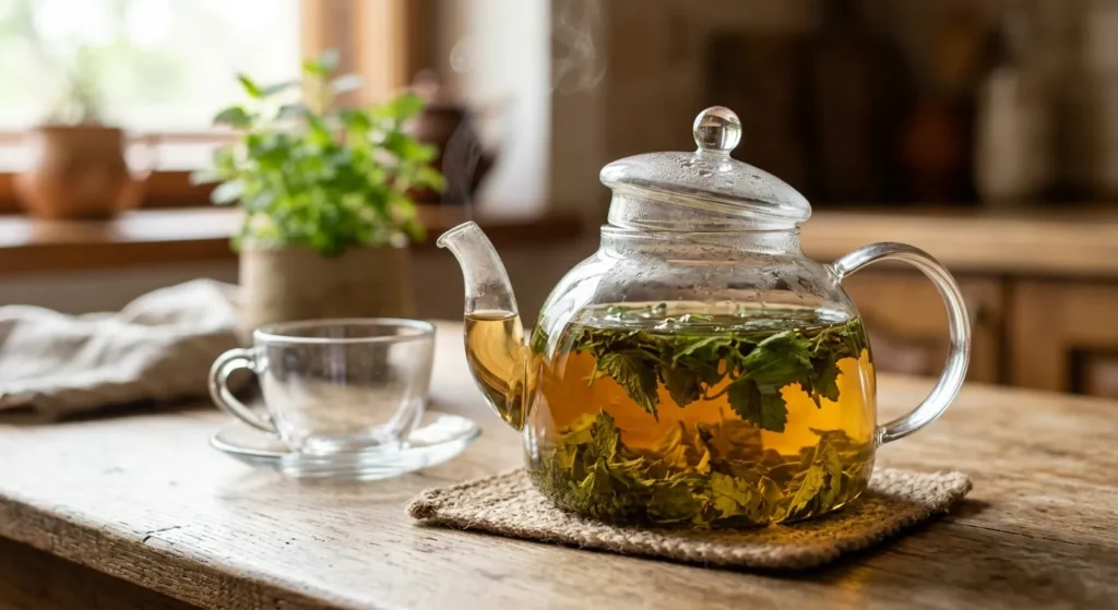 Tisana di erbe rilassanti in infusione in una teiera trasparente sul tavolo