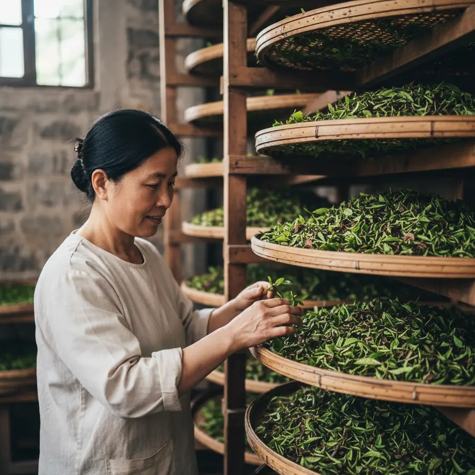 Esperta controlla le foglie del tè oolong Esperta controlla le foglie del tè oolong per valutare lo stato della essicazione e della semi-ossidazione