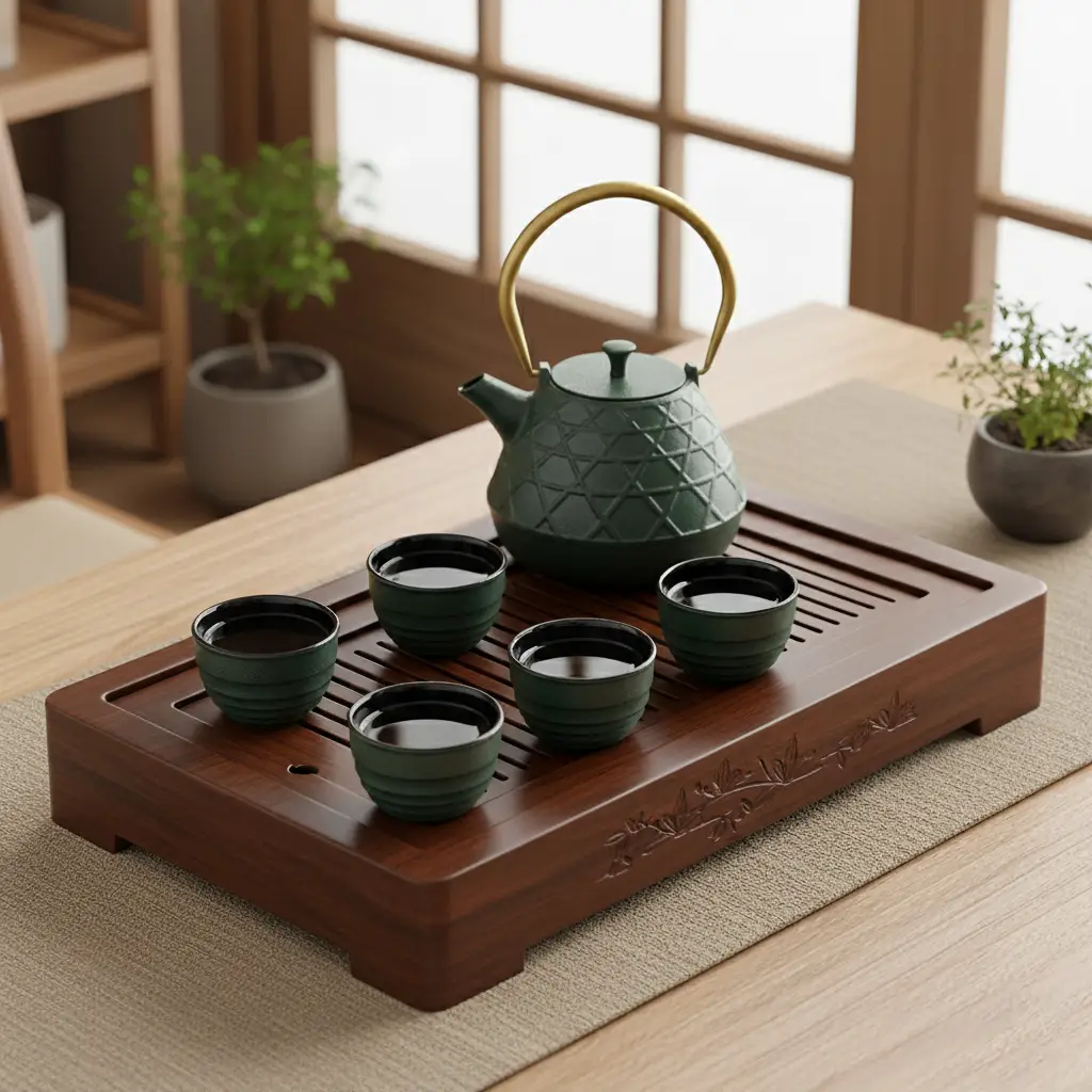 set da tè per gongfu cha Come preparare il tè Oolong - set da tè per gongfu cha, una teiera e con due tazze con tè appoggiate su un vassoio di legno