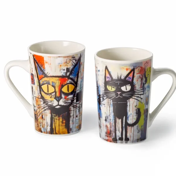 Coppia di tazze Stormy decorate in stile graffiti con gatti