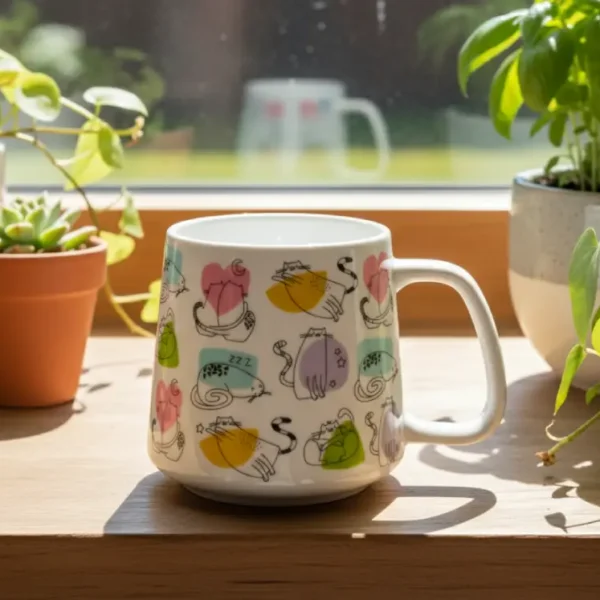 Tazza in porcellana decorata con disegni di gatti - design moderno posizionata sul davanzale