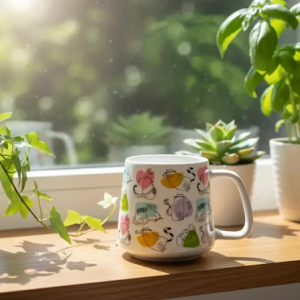 Tazza in porcellana decorata con disegni di gatti - design moderno posizionata sul davanzale
