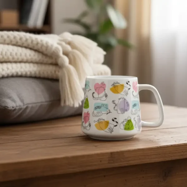 Tazza in porcellana decorata con disegni di gatti - design moderno posizionata sul tavolo