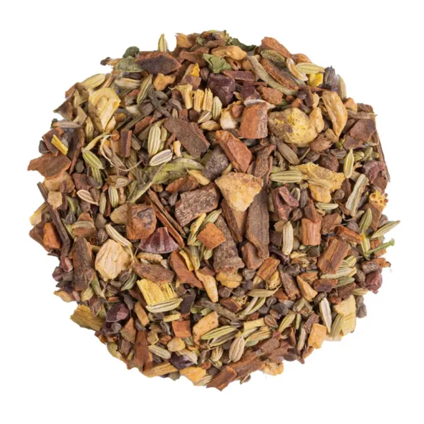 Tisana rigenerante biologica naturale, con Bastoncini di cannella, finocchio, zenzero, scorza d'arancia, cannella Ceylon, anice, liquirizia, fave di cacao, chiodi di garofano, erba Tulsi, dente di leone, ananas