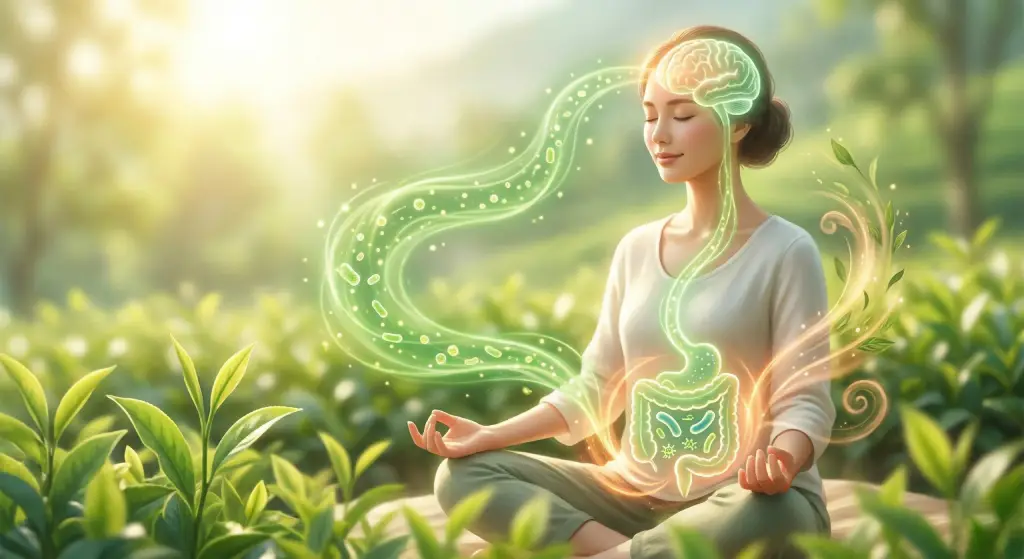Benefici del tè verde per il cervello e il potere degli psicobiotici Illustrazione di un flusso luminoso che collega l'addome inferiore di una figura femminile seduta in meditazione al suo cervello. L'intestino e il cervello sono i punti focali, collegati da questa energia per ottenere benefici del tè verde per il cervello