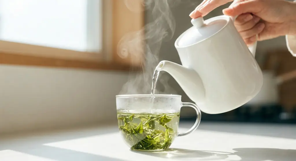 La calma nel gesto dell'infusione del tè verde Una mano femminile versa delicatamente acqua calda in una tazza di vetro trasparente contenente foglie intere di Sencha.