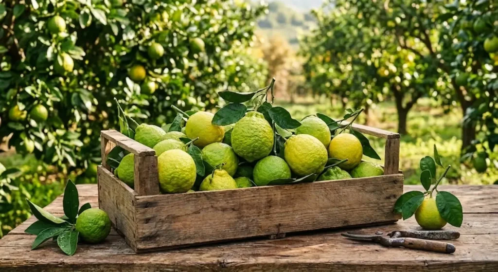 Bergamotti freschi appena raccolti Bergamotti freschi appena raccolti, tipici della Calabria, da cui si estrae l'olio essenziale per aromatizzare il tè