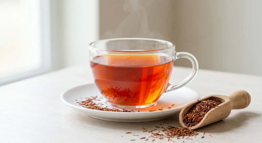 Tazza di tè rooibos con paletta di rooibos sfuso Tazza di tè rooibos con paletta per scoprire cos'è il tè rooibos sfuso