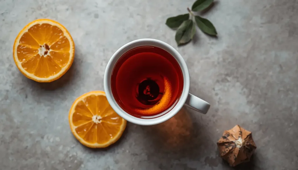 Tè Earl Grey con una scorza di bergamotto Tè Earl Grey in foglia versato in una tazza chiara con una scorza di bergamotto accanto, vista dall'alto