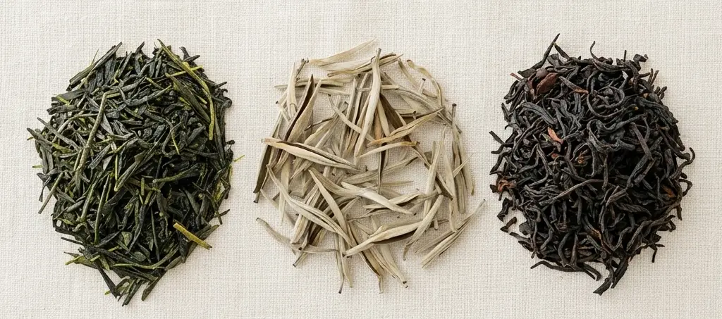 confronto-te-verde-bianco-nero-antiossidanti Tre piccoli mucchi di tè in foglia accostati, tè verde, tè bianco e tè nero, confronto delle varietà più ricche di antiossidanti