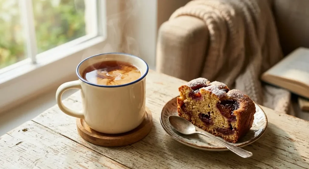 Tazza di tè nero al bergamotto con un dito di latte, accompagnata da un plumcake Tazza di tè nero al bergamotto fumante con un dito di latte, accompagnata da un plumcake