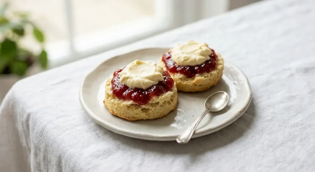 scones-marmellata-tea-time Scones inglesi tagliati a metà con marmellata di fragole e clotted cream su un piattino di ceramica chiara