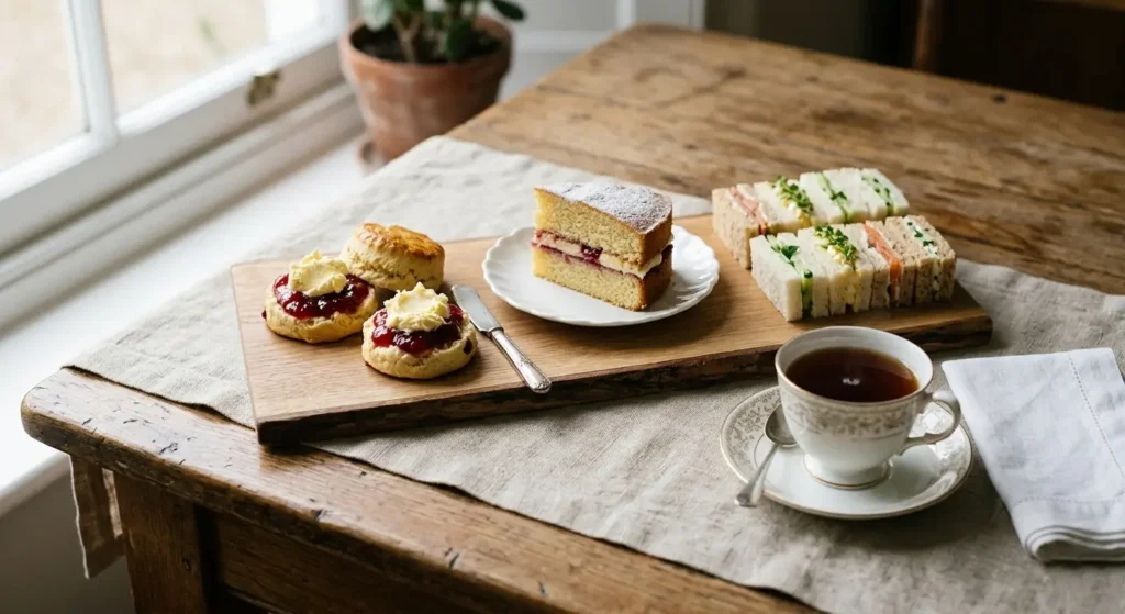 vassoio-tea-time-dolci-tazza Vassoio per il tea time con piccoli sandwich, scones e dolcetti, accanto a una tazza di tè caldo